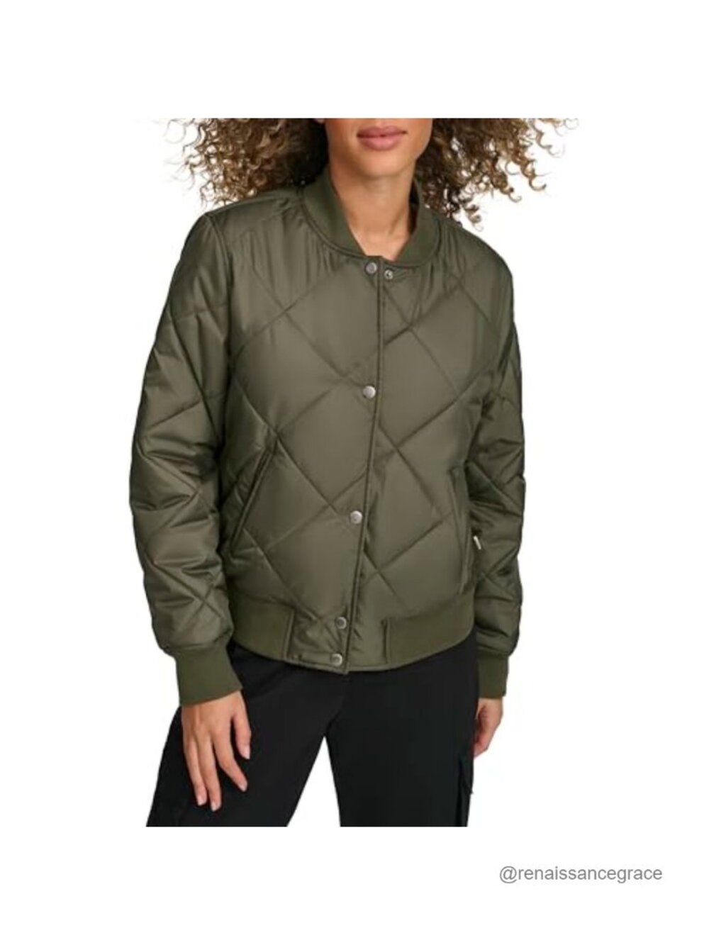 Diamond Quilted Sherpa Lined Bomber Jacket Zip Snap Closure